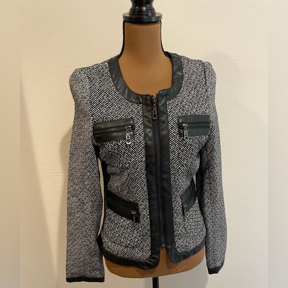 Miss London black and white blazer with leather accents